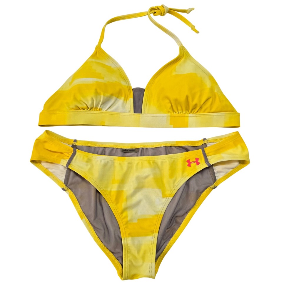Under Armour Women Size L Sport Bikini Yellow Two Piece Swim Halter Scoop Bottom